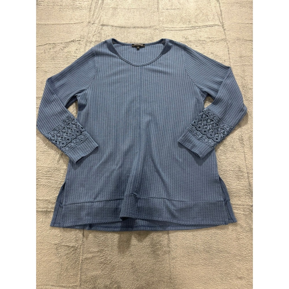 Tint & Shadow Blue Waffle Knit Top 1X Lace‎ Sleeve Casual Plus Size Tunic